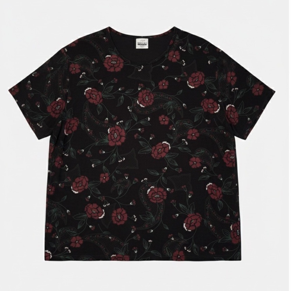 Bentley Plus Vtg Black Floral Paisley Print Short Sleeve Top‎ Sz 2XL 18W / 20W